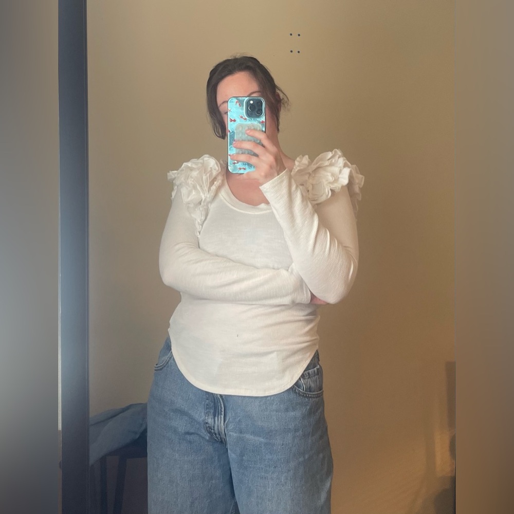Free People White Ruffle Sleeve Top